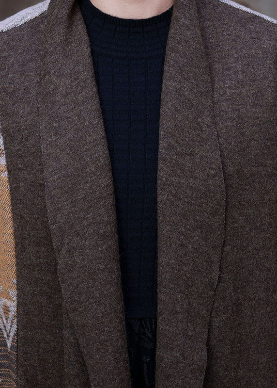 Organic Chocolate V Neck Print Asymmetrical Design Patchwork Fall Woolen Coat Long Sleeve