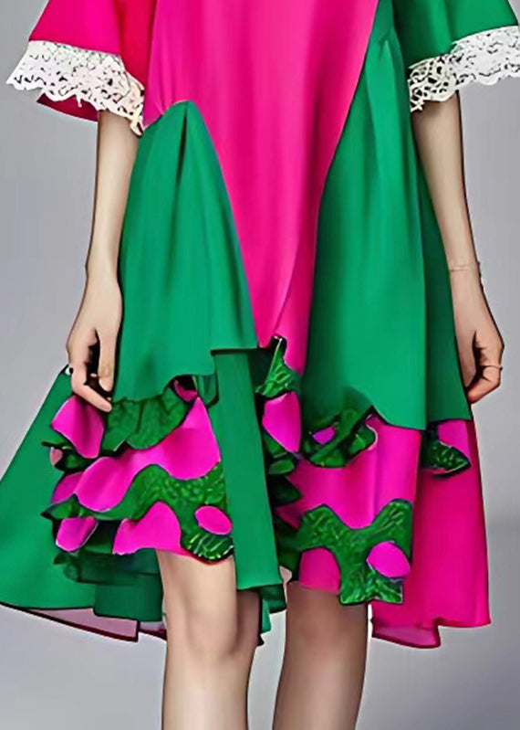 Organic Colorblock O-neck Hollow Out Patchwork Chiffon Long Dress Half Sleeve