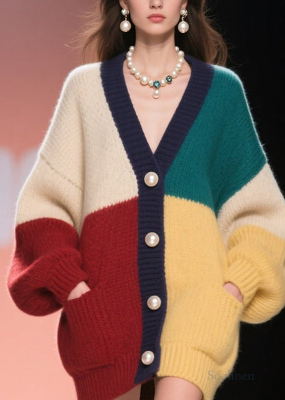 Organic Colorblock Pockets Patchwork Knit Cardigans Fall
