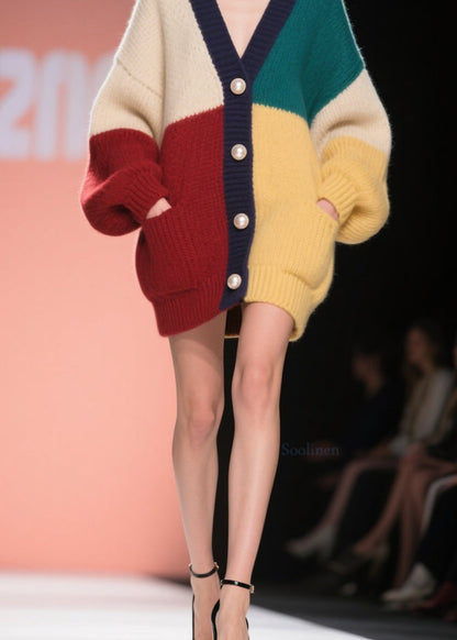Organic Colorblock Pockets Patchwork Knit Cardigans Fall