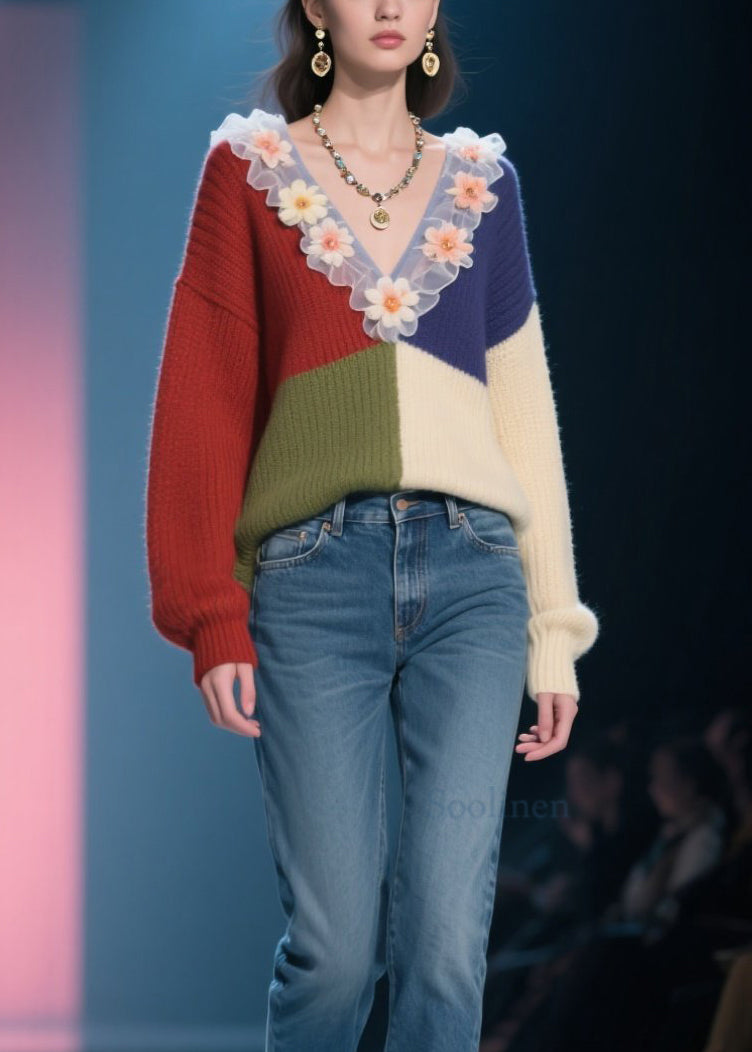 Organic Colorblock V Neck Ruffled Knit Top Fall