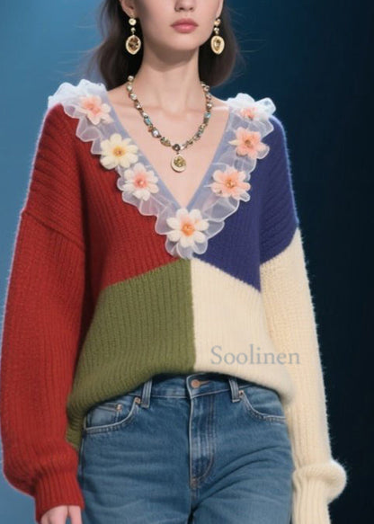 Organic Colorblock V Neck Ruffled Knit Top Fall