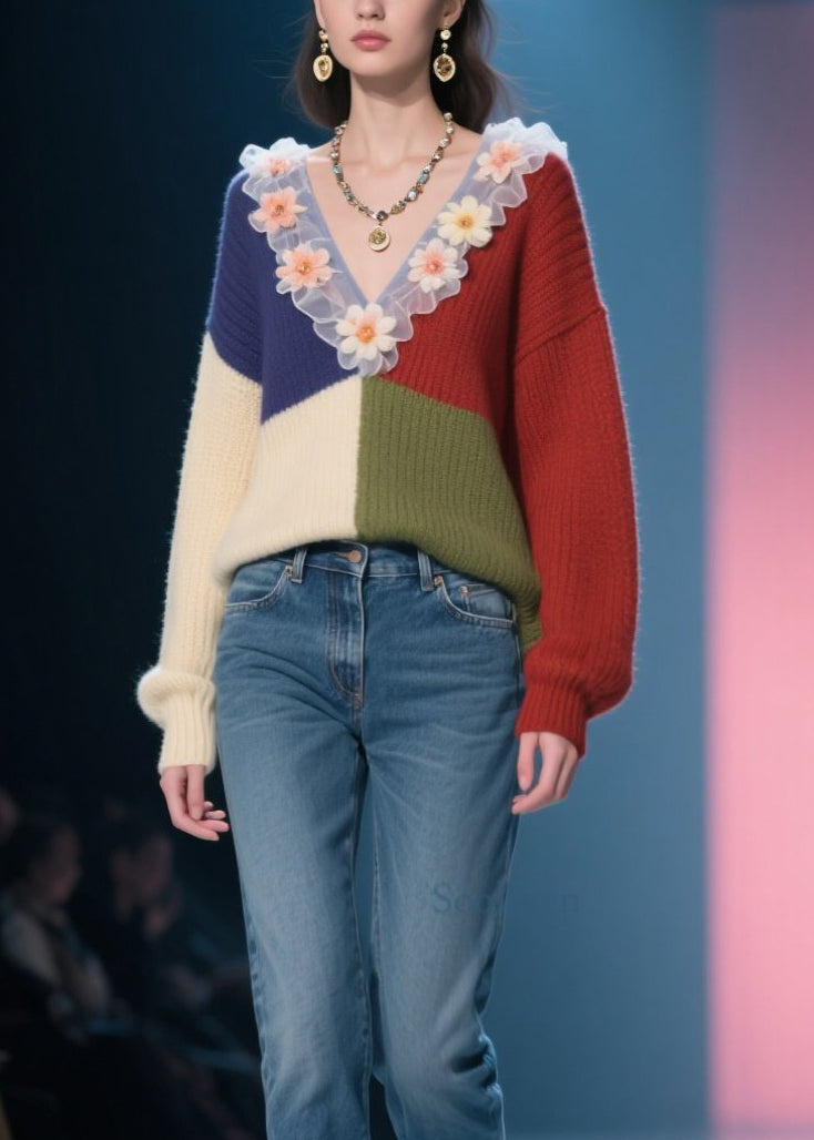 Organic Colorblock V Neck Ruffled Knit Top Fall