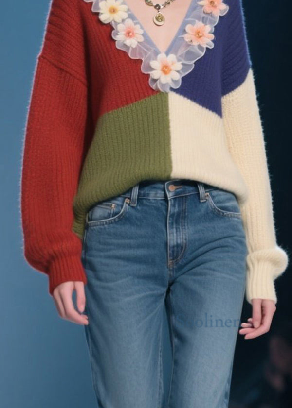 Organic Colorblock V Neck Ruffled Knit Top Fall