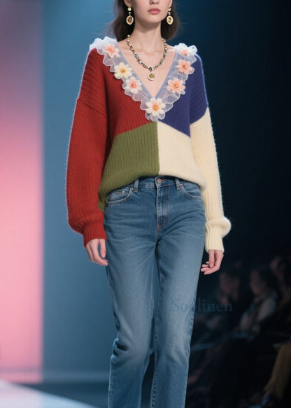 Organic Colorblock V Neck Ruffled Knit Top Fall
