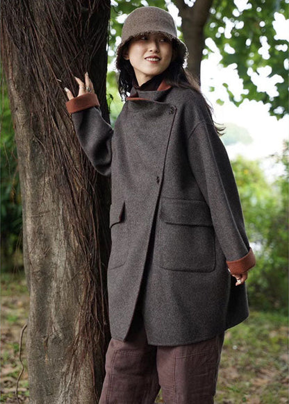 Organic Dark Gray Peterpan Collar Pockets Thick Winter Coat
