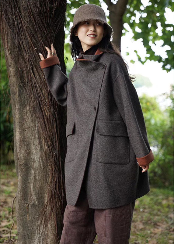 Organic Dark Gray Peterpan Collar Pockets Thick Winter Coat