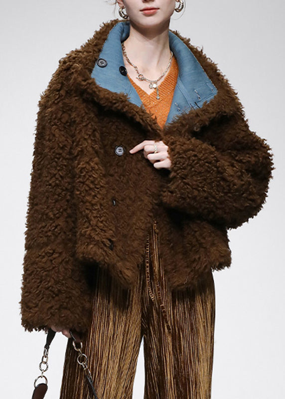Organic Denim Blue Stand Collar Wear on Both Sides Warm Faux Fur Coats Winter