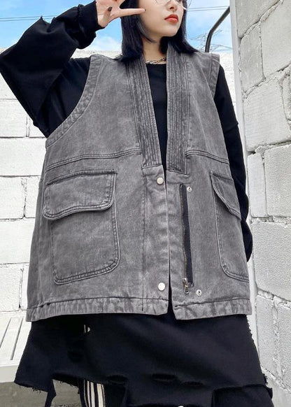 Organic Denim Gray Crane Tops Pockets Spring Tops