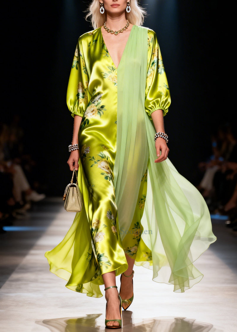 Organic Grass Green Asymmetrical Patchwork Silk Ankle Dress Summer