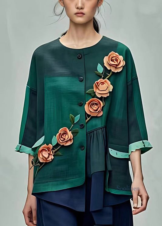 Organic Green Asymmetrical Wrinkled Shirt Half Sleeve