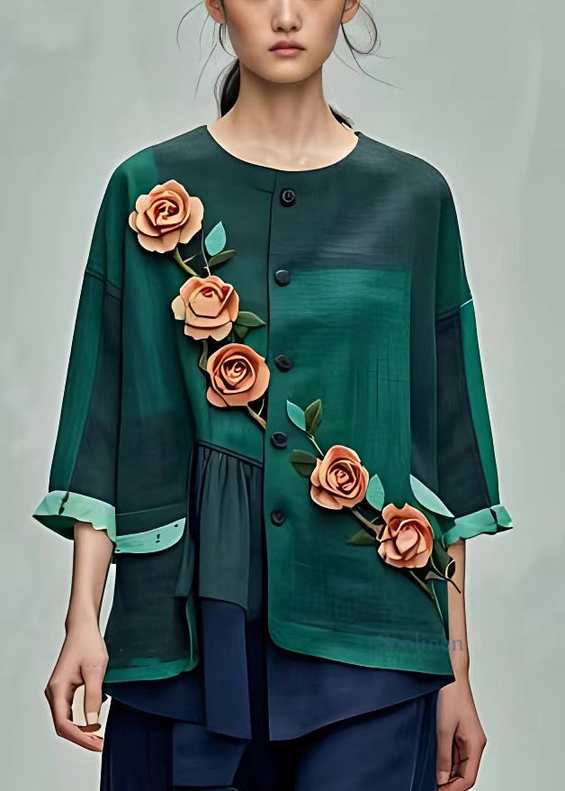 Organic Green Asymmetrical Wrinkled Shirt Half Sleeve