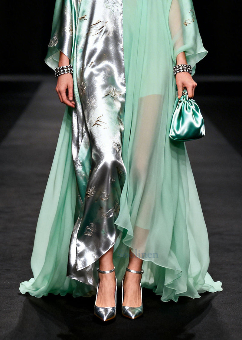 Organic Green Asymmetrical Patchwork Exra Large Hem Chiffon Party Dress Summer