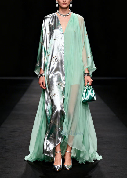 Organic Green Asymmetrical Patchwork Exra Large Hem Chiffon Party Dress Summer