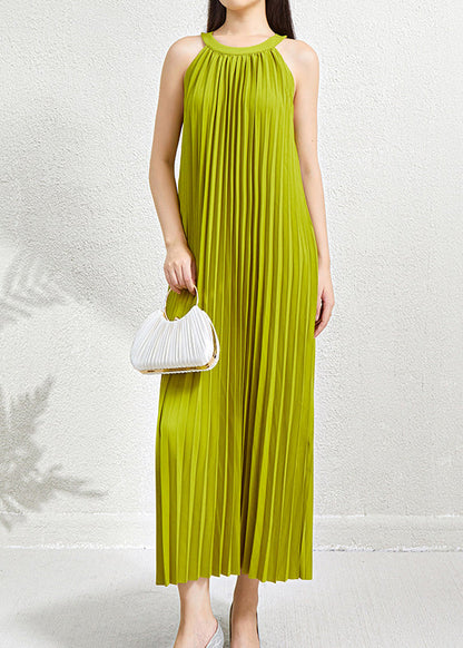 Organic Green Halter Wrinkled Pockets Long Dress Sleeveless
