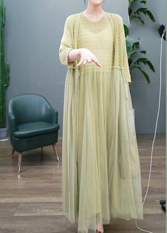 Organic Green Hollow Out O-neck Tulle Patchwork Long Dress Two Pieces Set Long Sleeve