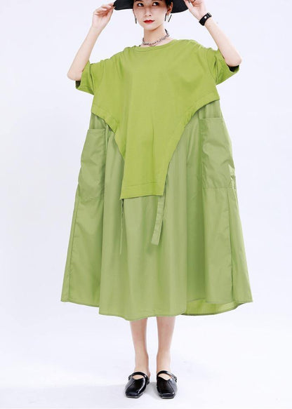 Organic Green O-neck Loose Ankle Summer Cotton Dress