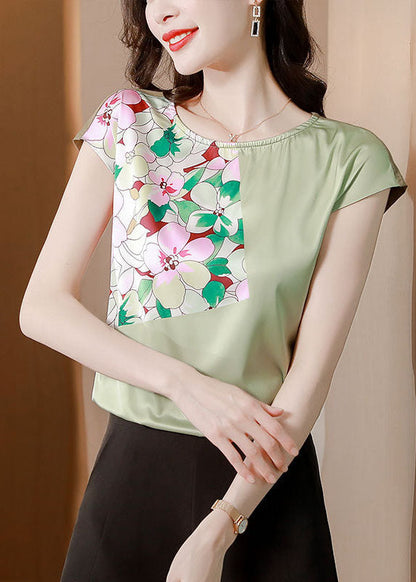 Organic Green O-neck Patchwork Print Silk Top Summer