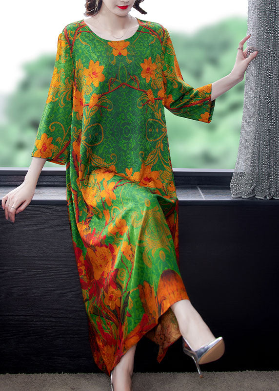 Organic Green O-neck Print Long Dresses Spring