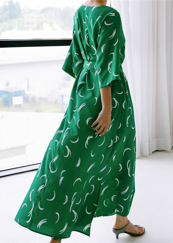 Organic Green O-neck Print Silk Maxi Dress Long Sleeve