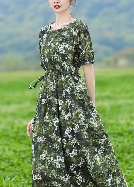Organic Green O-neck Print Slim Tie Waist Linen Maxi Dresses Short Sleeve