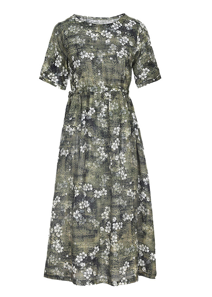 Organic Green O-neck Print Slim Tie Waist Linen Maxi Dresses Short Sleeve