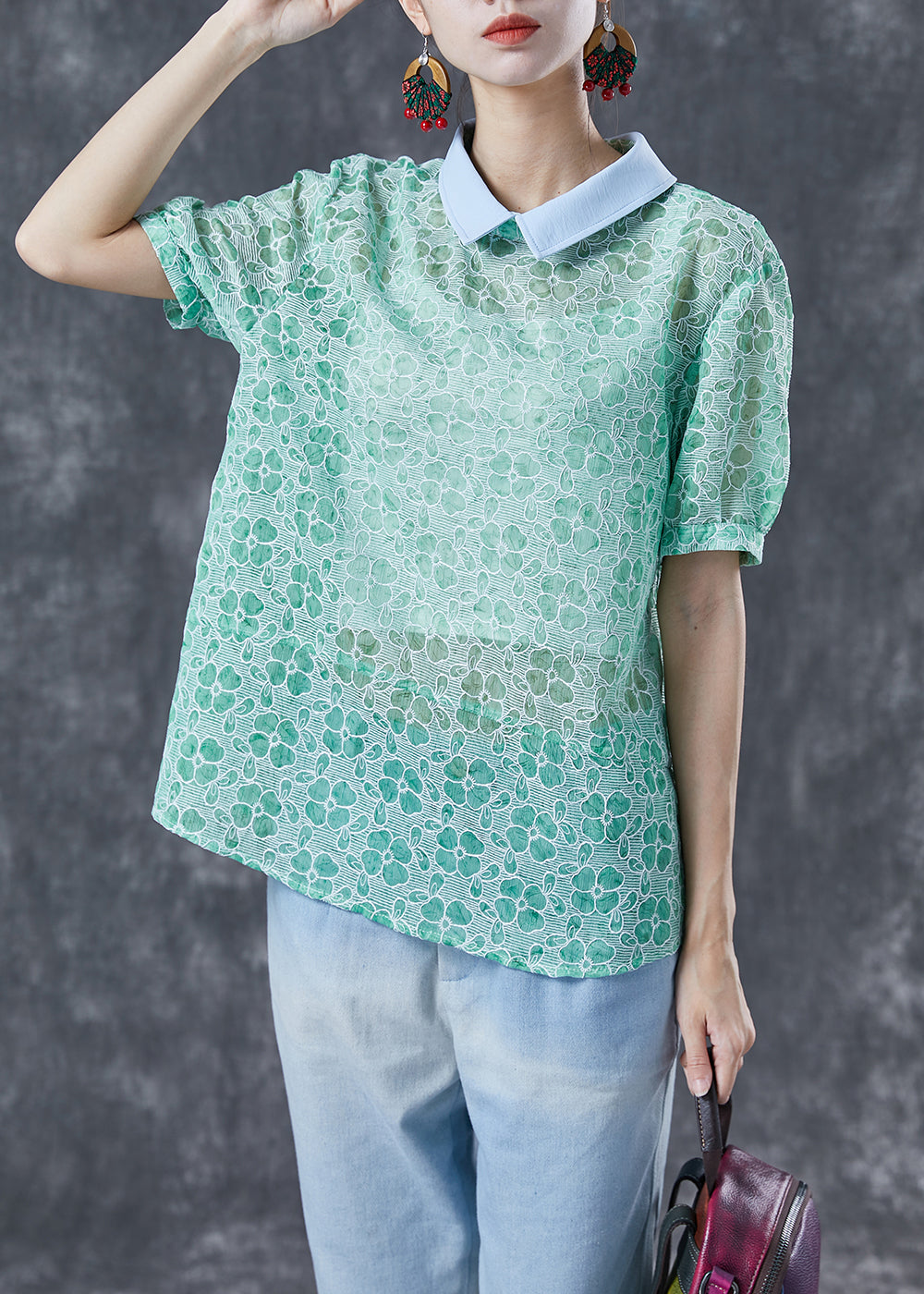 Organic Green Peter Pan Collar Print Cotton Top Summer