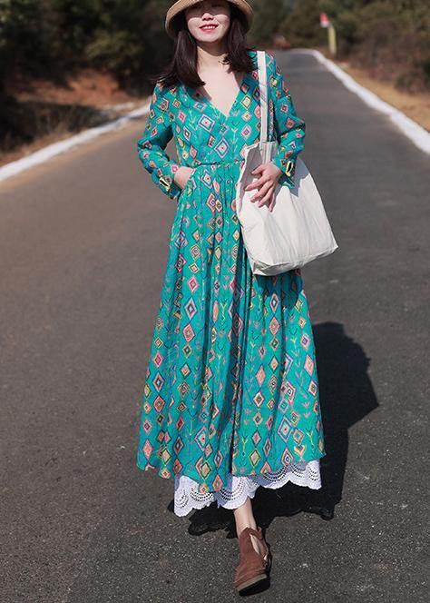 Organic Green Print Dress V-neck Spring Dress
