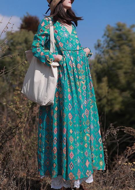 Organic Green Print Dress V-neck Spring Dress