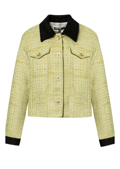 Organic Green Square Collar Patchwork Woolen Coat Long Sleeve