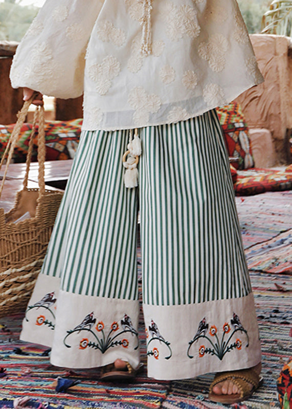 Organic Green Striped Embroidered Cotton Wide Leg Pants Summer
