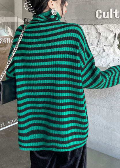 Organic Green Turtleneck Striped Cozy Fall Knit Sweater