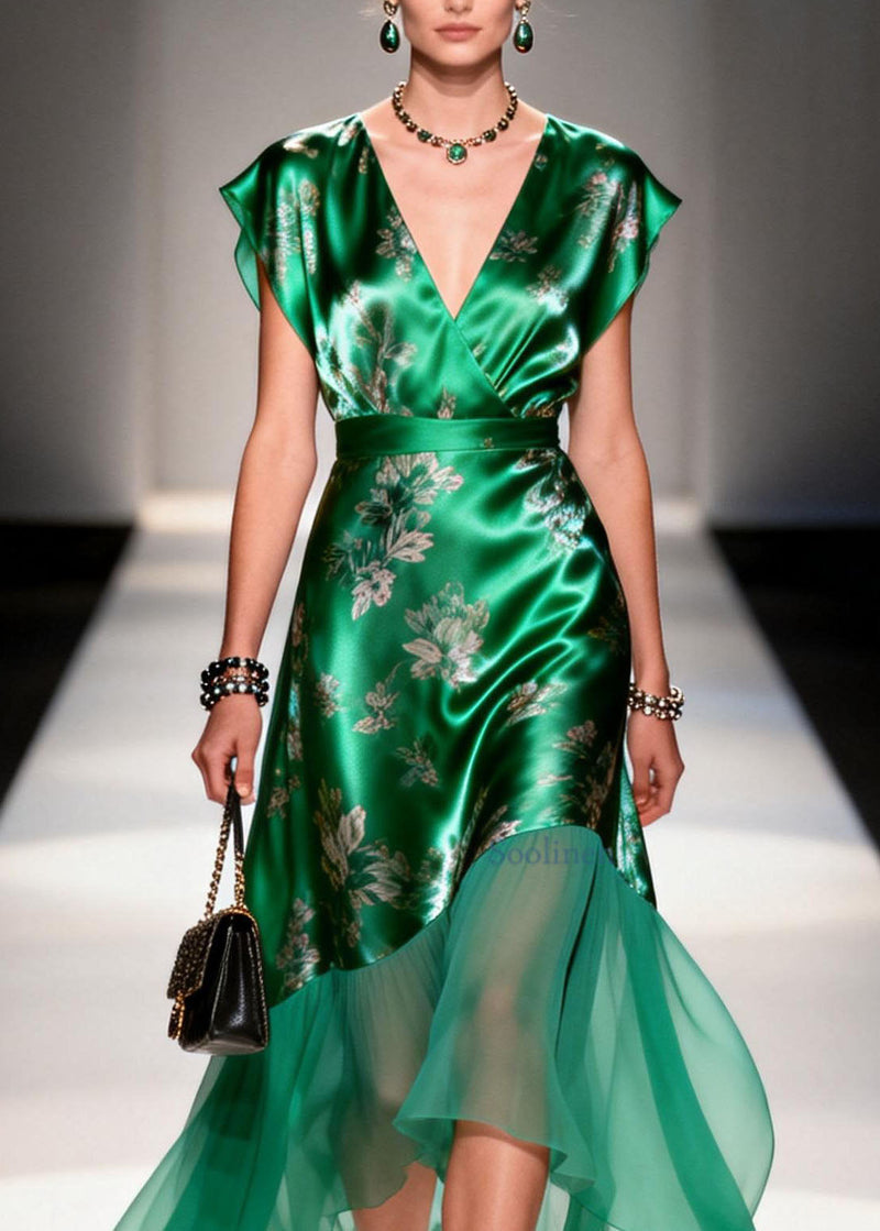 Organic Green V Neck Print Patchwork Silk Dresses Summer