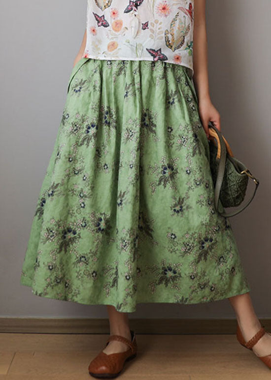Organic Green Elastic Waist Print Cotton Skirts Spring