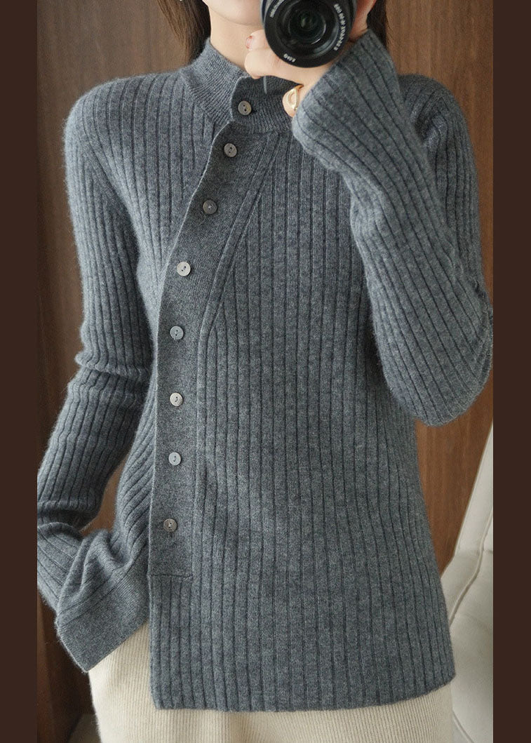 Organic Grey Asymmetrical Button Woolen Knit Top Winter