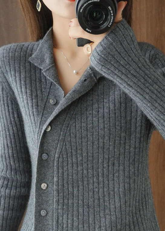 Organic Grey Asymmetrical Button Woolen Knit Top Winter