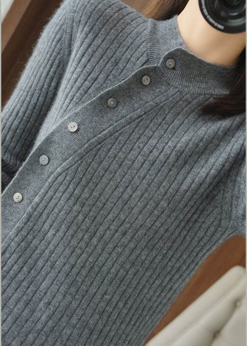 Organic Grey Asymmetrical Button Woolen Knit Top Winter
