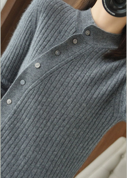 Organic Grey Asymmetrical Button Woolen Knit Top Winter