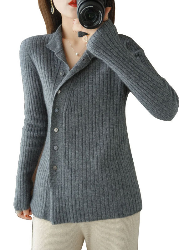 Organic Grey Asymmetrical Button Woolen Knit Top Winter