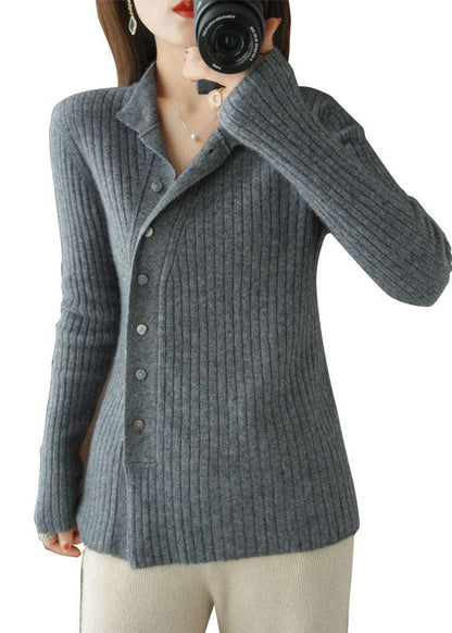 Organic Grey Asymmetrical Button Woolen Knit Top Winter