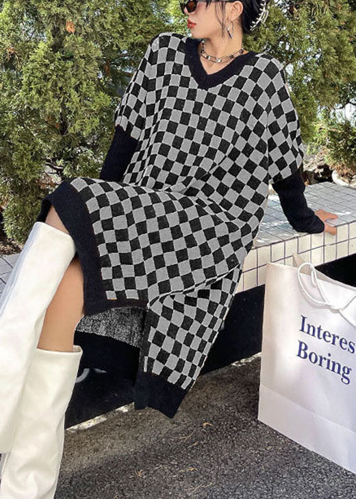 Organic Grey Black Plaid V Neck Side Open Winter Long Knit Dress