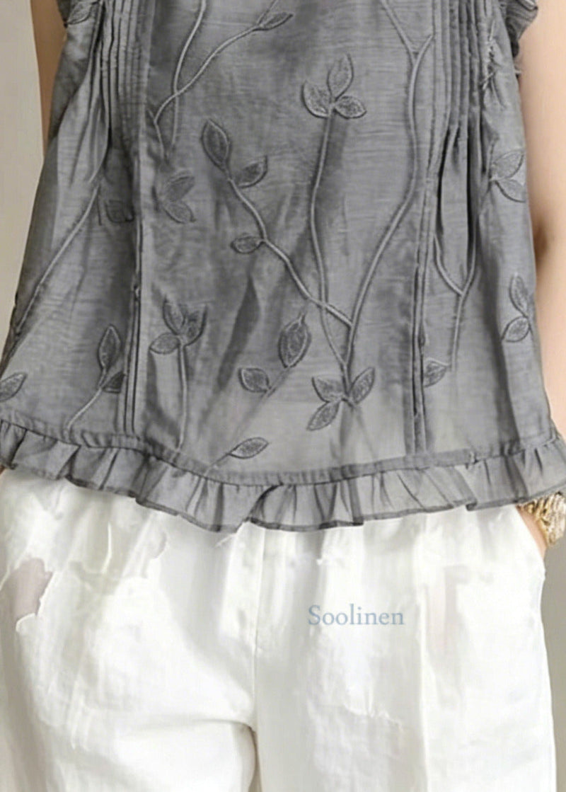 Organic Grey Embroideried Wrinkled Linen Beach Vest Sleeveless