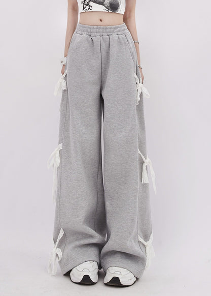 Organic Grey Oversized Patchwork Lace Straight Pants Spring