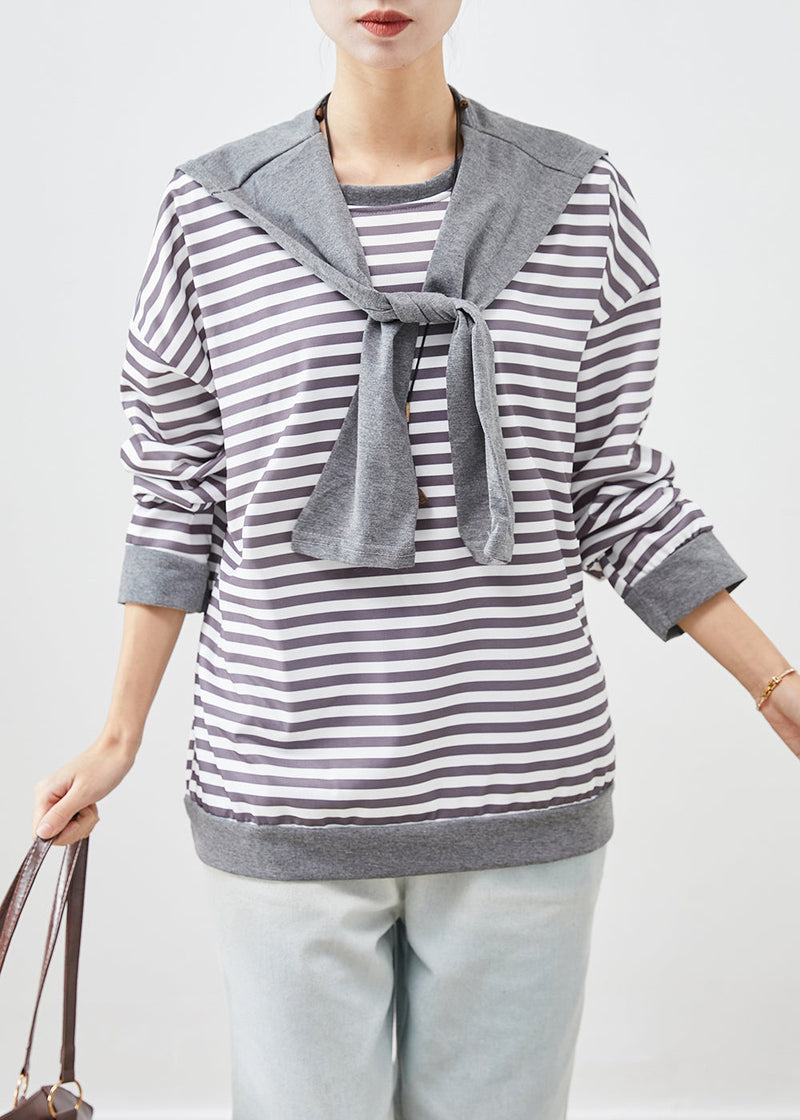 Organic Grey Oversized Striped Cotton Sweatshirt Fall