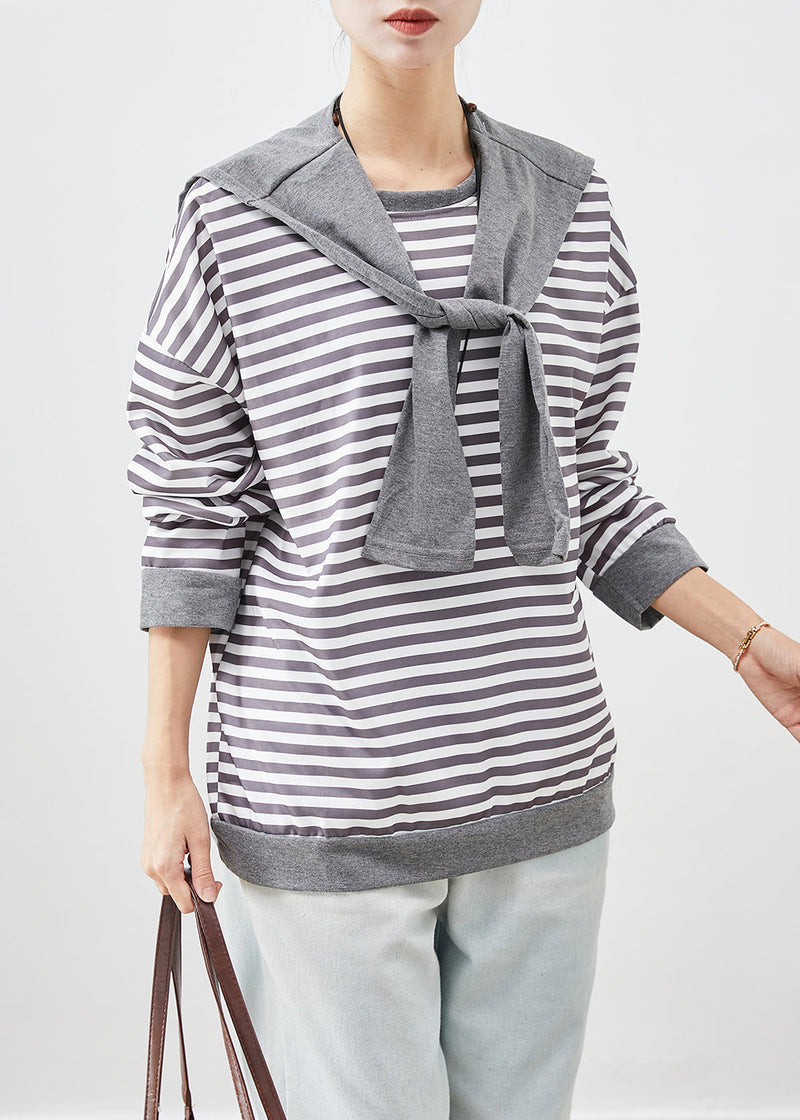 Organic Grey Oversized Striped Cotton Sweatshirt Fall