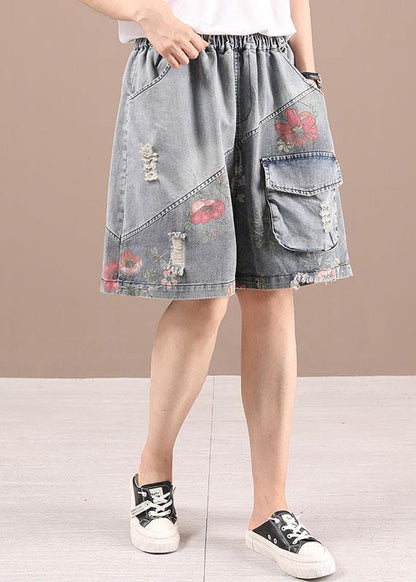 Organic Grey Patchwork Print Denim Hot Pants