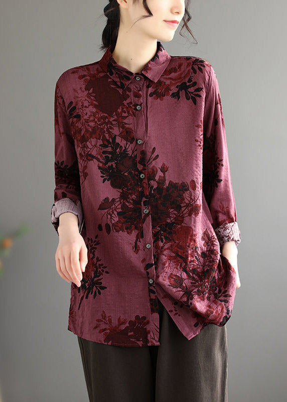 Organic Grey Peter Pan Collar Print Button Tops Long Sleeve