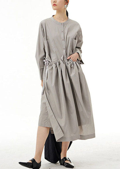 Organic Grey Pockets Wrinkled Patchwork Cotton Dress Spring