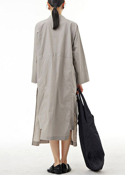 Organic Grey Pockets Wrinkled Patchwork Cotton Dress Spring
