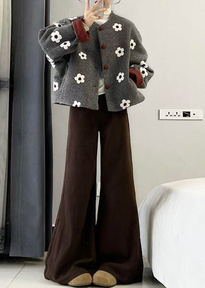 Organic Grey Print Button Woolen Coats and Wide Leg Pants Two Pieces Set Winter